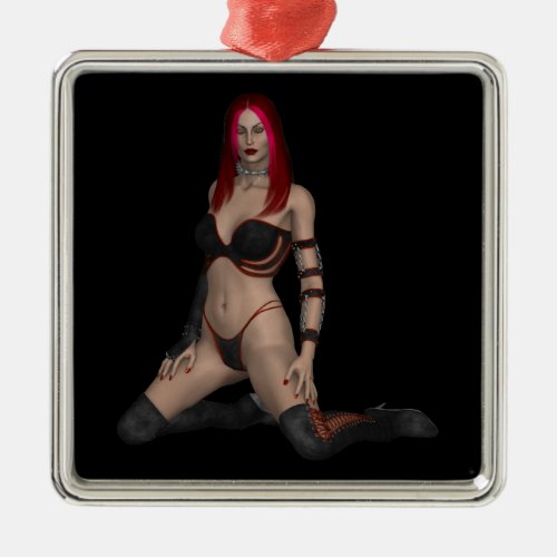 Goth Punk Vampire Woman in Black Leather Metal Ornament