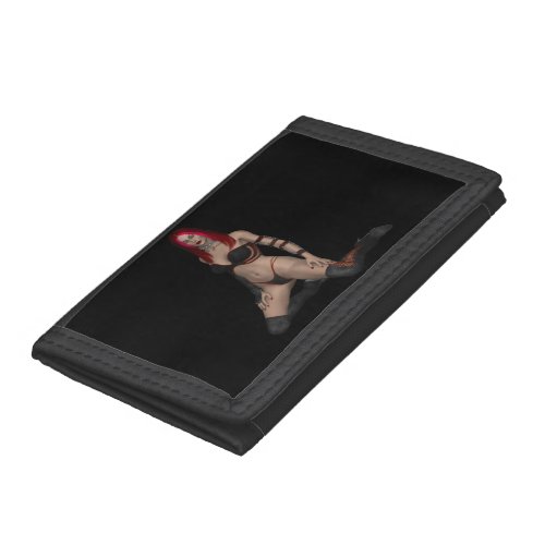 Goth Punk Vampire Woman in Black Leather Trifold Wallet