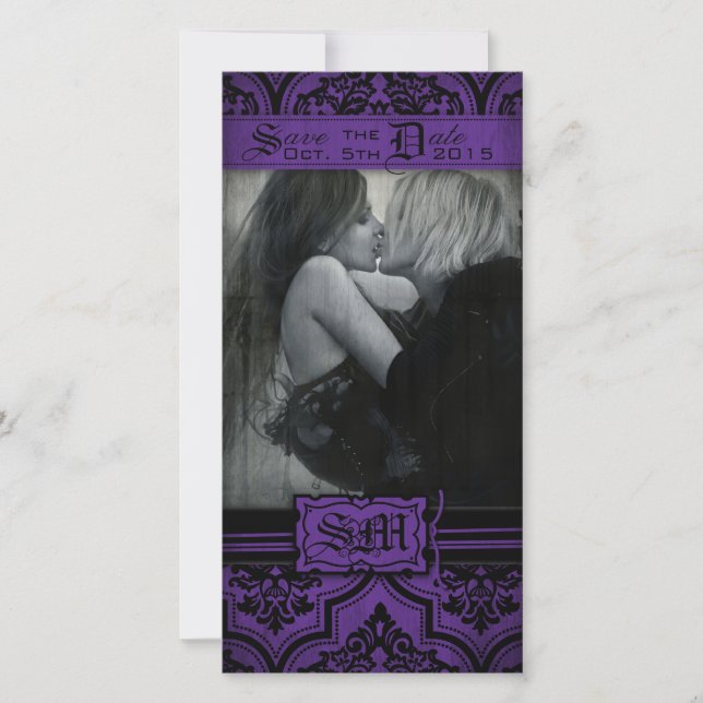 Goth Purple and Black Damask Save the Date (Front)