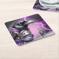 Goth Purple Black Halloween Event Baby Shower Square Paper Coaster