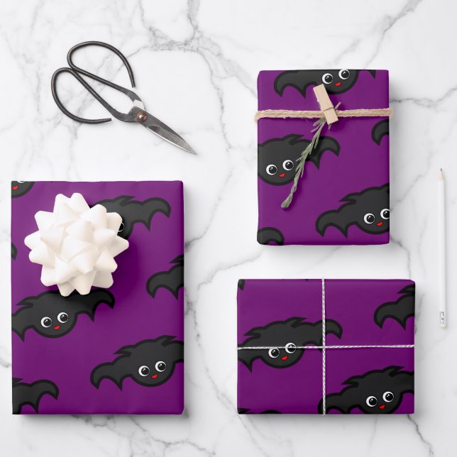 Goth Purple Black Kawaii Bat Pattern Wrapping Paper Sheets (Front)