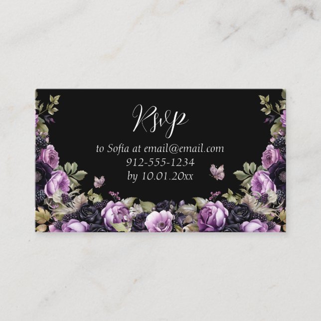 Goth Purple & Black Moody Florals Quinceañera  Enclosure Card (Front)