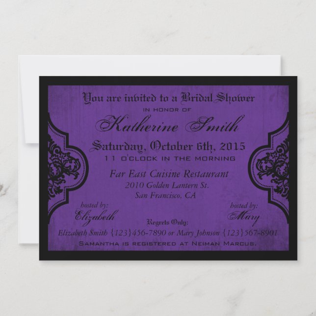 Goth Purple Damask Grunge Bridal Shower Invitation (Back)