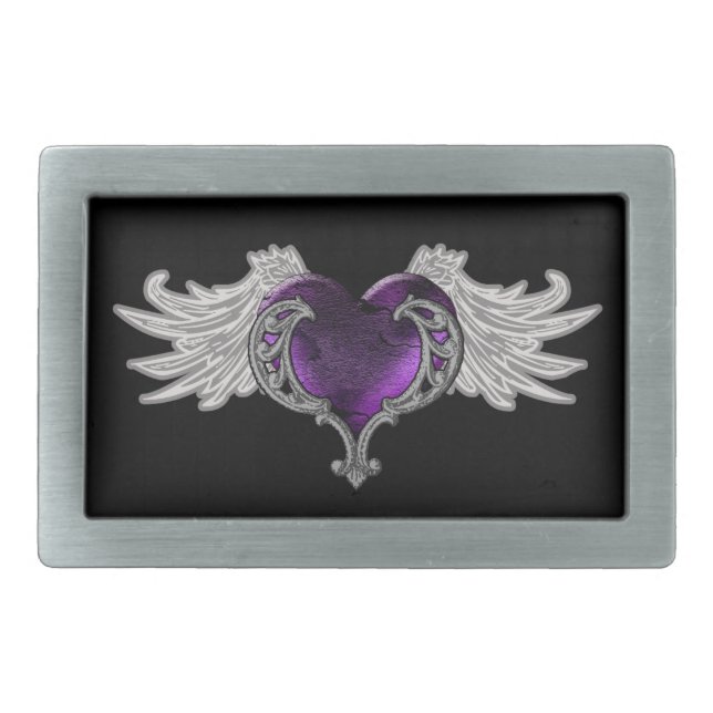 Goth Purple Heart with Angel Wings Buckle Belt Buckle (Front)