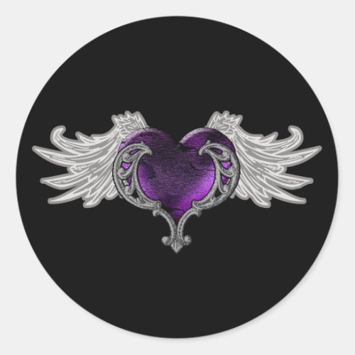 Goth Purple Heart with Angel Wings Classic Round Sticker