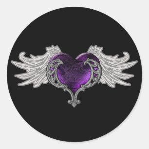 Goth Purple Heart with Angel Wings Classic Round Sticker