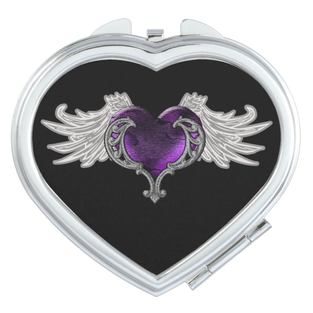 Goth Purple Heart with Angel Wings Compact Mirror (Front)