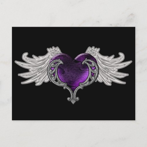 Goth Purple Heart with Angel Wings Postcard