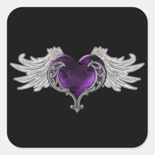 Goth Purple Heart with Angel Wings Sticker