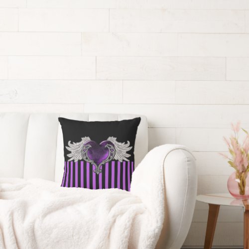 Goth Purple Heart with Angel Wings Throw Pillow