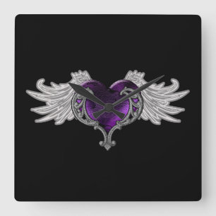 Goth Purple Heart with Angel Wings Wall Clock