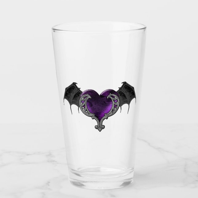 Goth Purple Heart with Bat Wings Glass Cup (Front)