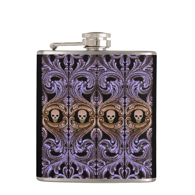 Goth Purple Ornament With Skull Hip Flask (Front)