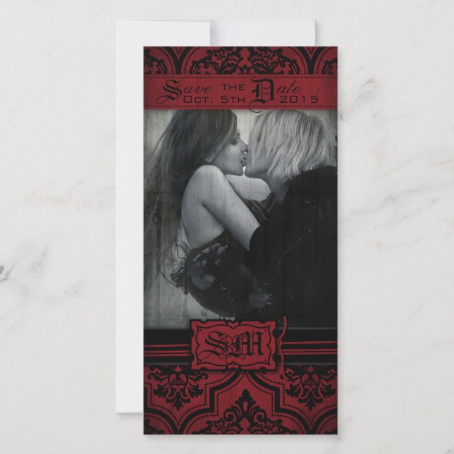 Goth Red and Black Damask Goth Save the Date (Front)