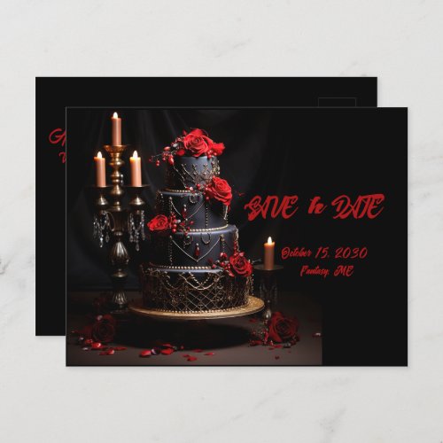 Goth Red Black Roses Wedding Cake Save the date Postcard