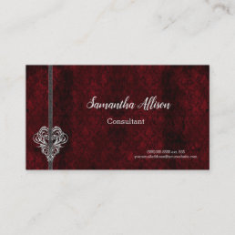 Goth Red Damask Silver Heart Business Card