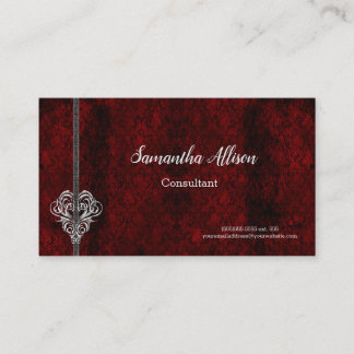 Goth Red Damask Silver Heart Business Card