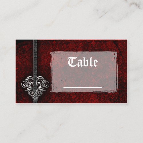 Goth Red Damask Silver Heart Reception Table Cards