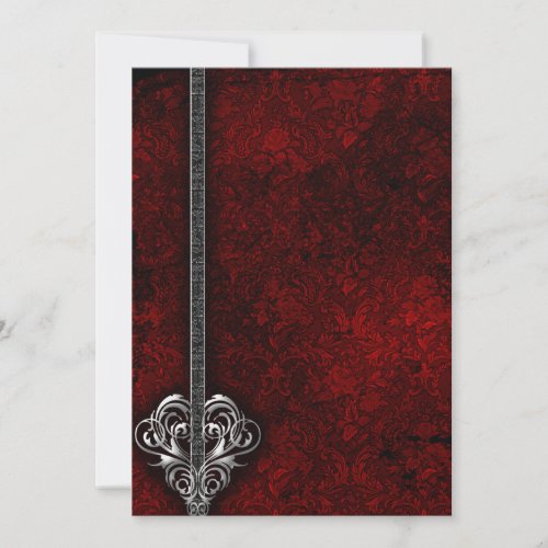 Goth Red Damask Silver Heart wedding Invitation