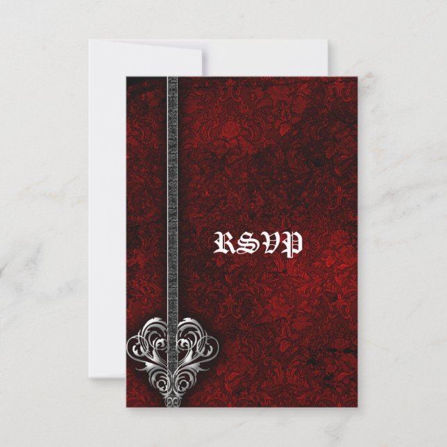Goth Red Damask Silver Heart wedding RSVP Custom (Front)