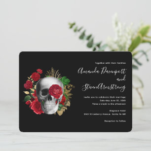 Goth Red Floral Skull & Gold Leaves Invitation
