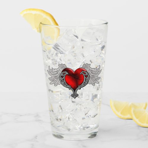 Goth Red Heart with Angel Wings Glass Cup