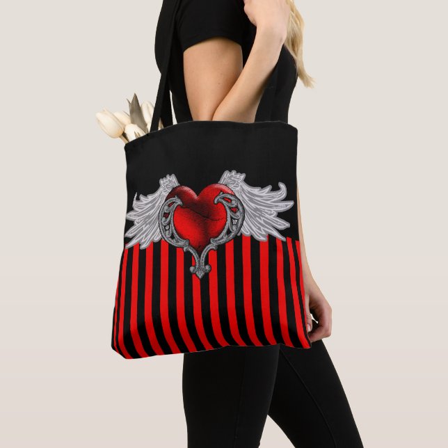 Goth Red Heart with Angel Wings Tote Bag (Close Up)