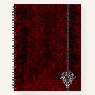 Goth Red Silver Heart Damask Notebook