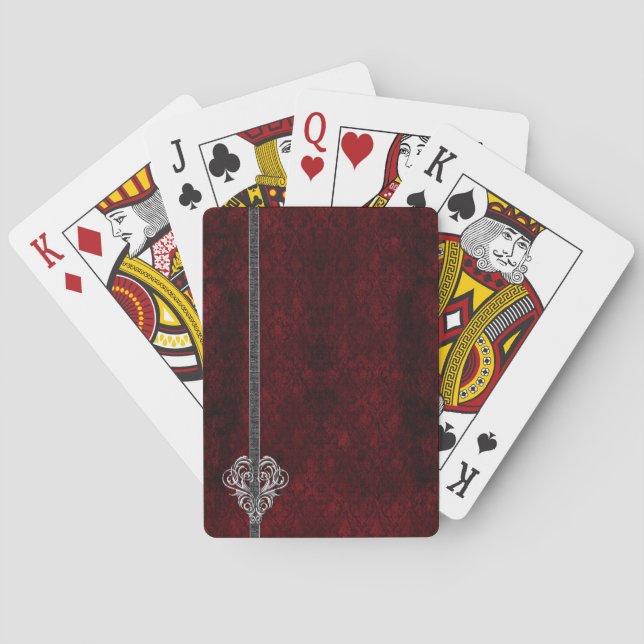 Goth Red Silver Heart Damask Poker Cards (Back)