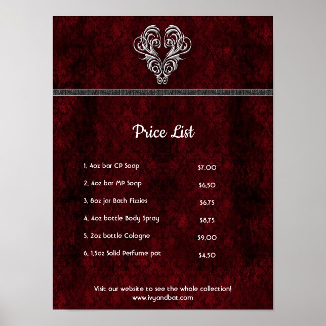 Goth Red Silver Heart Damask Poster (Front)