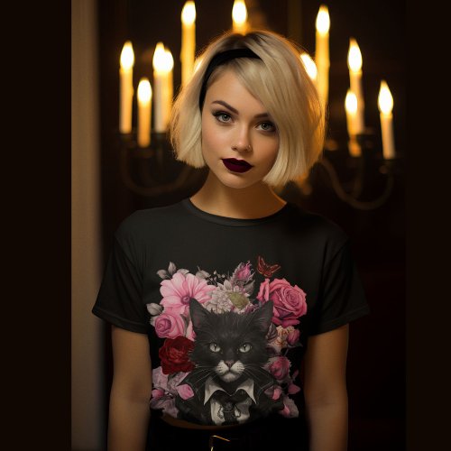 Goth Rock Cat Roses Dark Moody but Cute T_Shirt