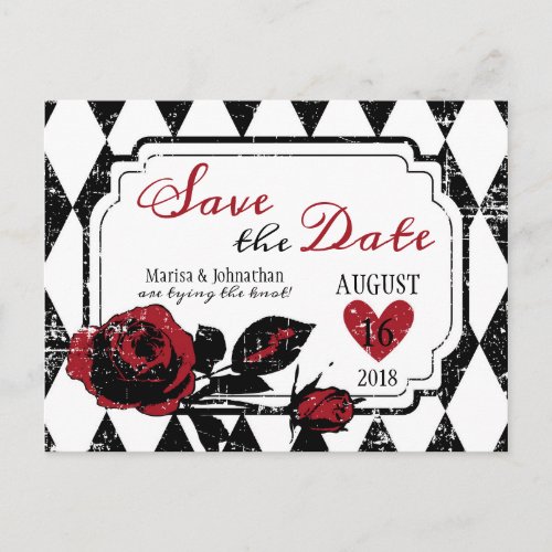 Goth Rose Grunge Diamond Print Save the Date Announcement Postcard