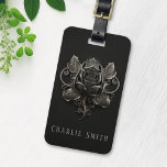 Goth rose ornament on dark background custom name luggage tag<br><div class="desc">Luggage tag featuring a metal look rose ornament on a dark background and your custom name or text.</div>