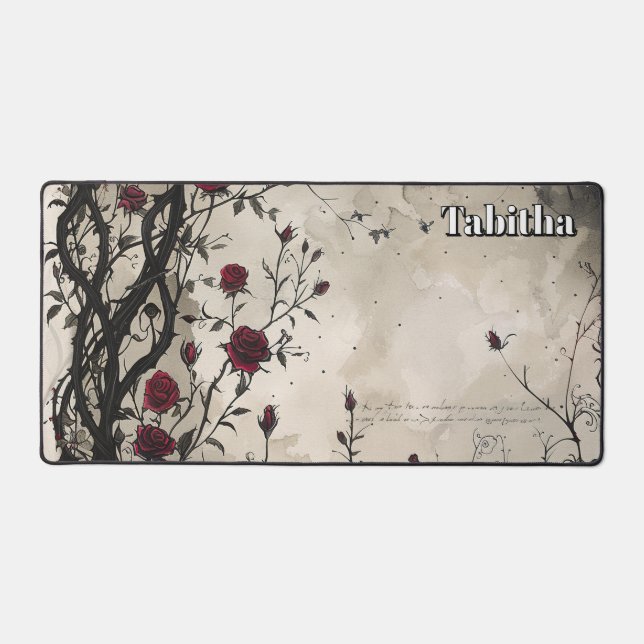 Goth Roses and Script. Editable name Desk Mat (Front)