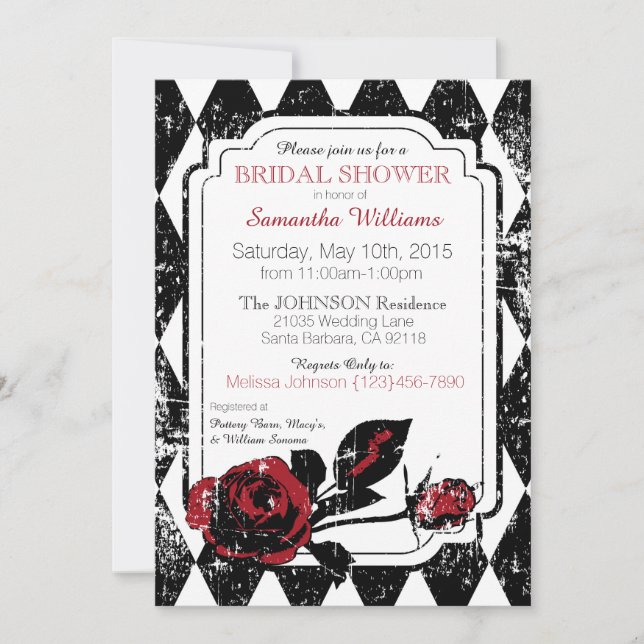 Goth Roses Grunge Diamond Print Bridal Shower Invitation (Front)