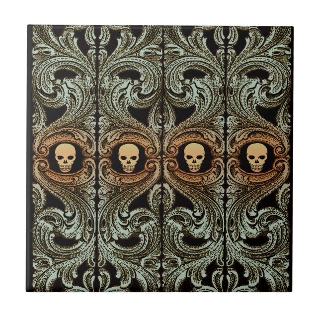 Goth Sage Green Ornament with Skull Ceramic Tile (Front)