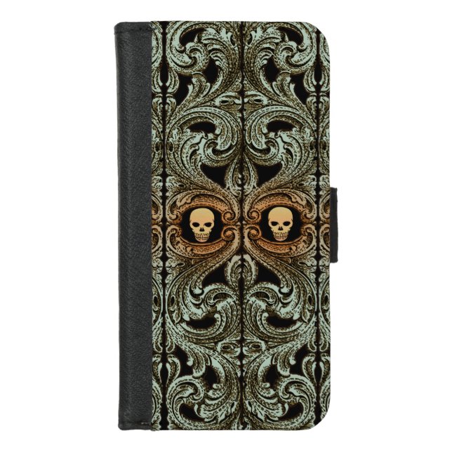 Goth Sage Green Ornament With Skull iPhone Wallet Case (Front)