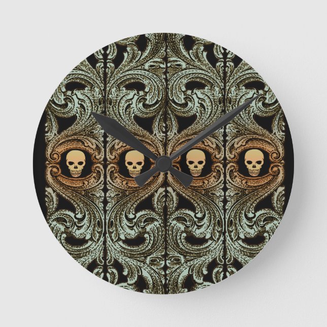 Goth Sage Green Ornament With Skull Round Clock (Front)