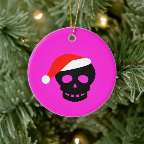 Goth Santa Black Skull Hot Pink Christmas Ceramic Ornament