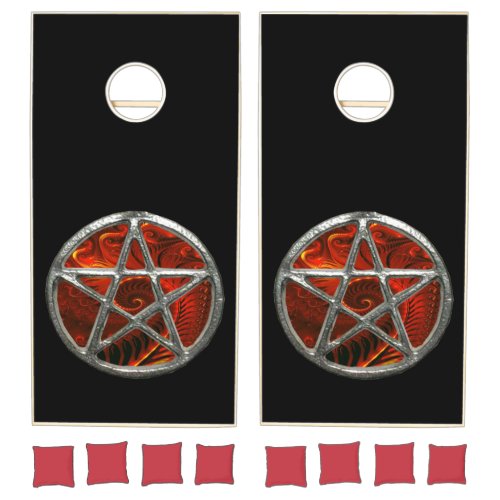 Goth Silver Pentacle Pentagram Fire Cornhole Set