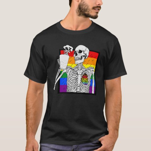 Goth Skeleton Coffee Gay Lesbian Pride Rainbow Hum T_Shirt