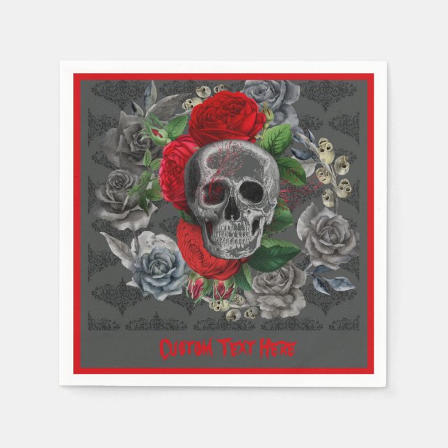 Goth Skeleton Red Roses Gothic Skull Personalized Napkins (Front)