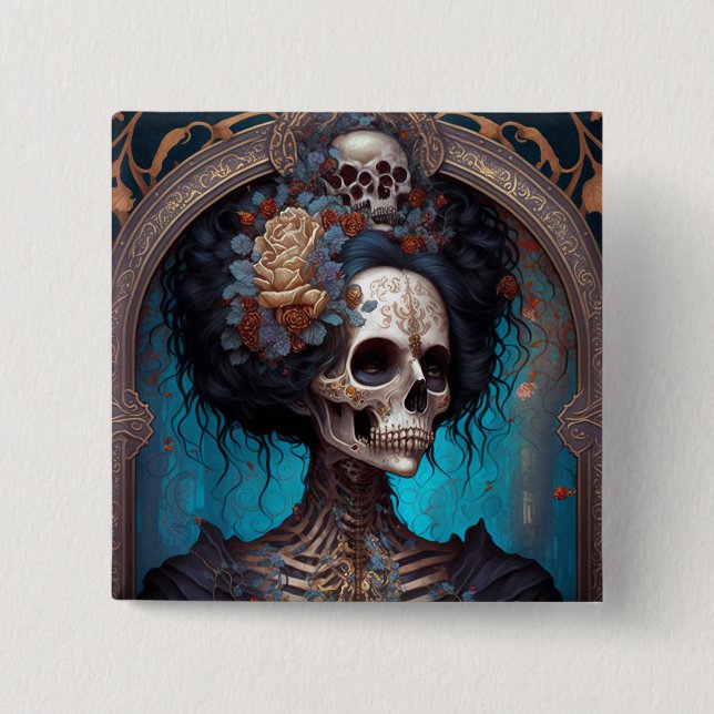 Goth Skeleton Skull Woman Gothic Button (Front)