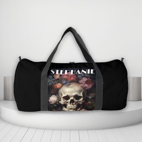 Goth Skull and Flowers Custom Name Duffle Bag