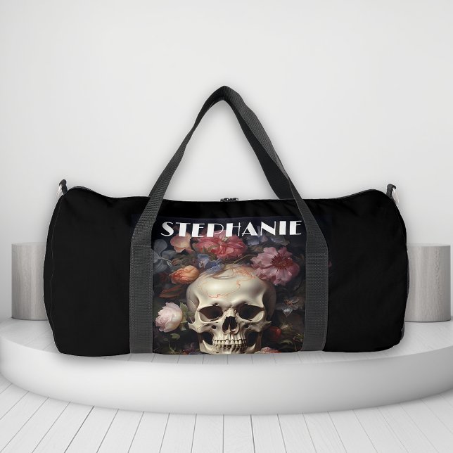 Goth Skull and Flowers Custom Name Duffle Bag (Creator Uploaded)