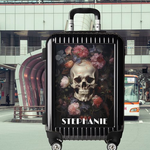 Goth Skull and Flowers Custom Name Luggage