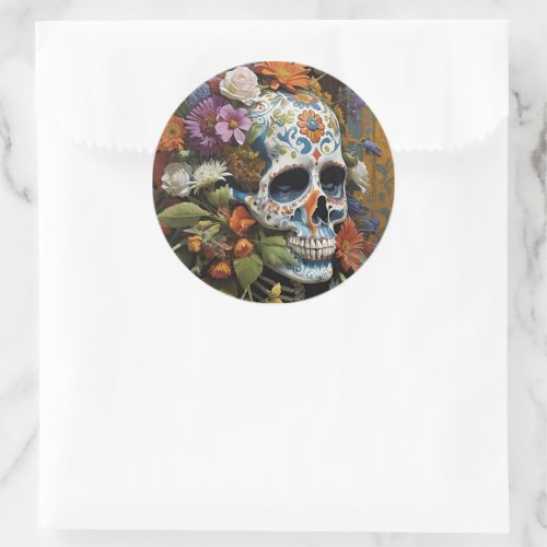 Goth Skull and Flowers Day of the Dead Classic Round Sticker