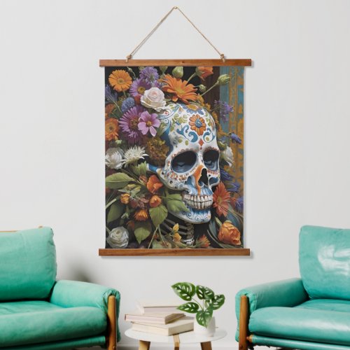 Goth Skull and Flowers Day of the Dead Hanging Tapestry