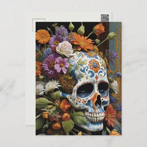 Goth Skull and Flowers Day of the Dead Postcard