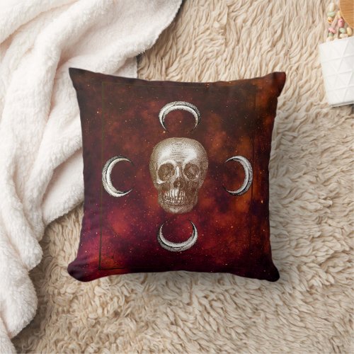 Goth Skull and Moon Celestial Throw Pillow